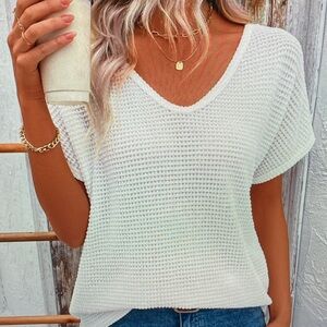 White Waffle Knit Short Sleeve Top